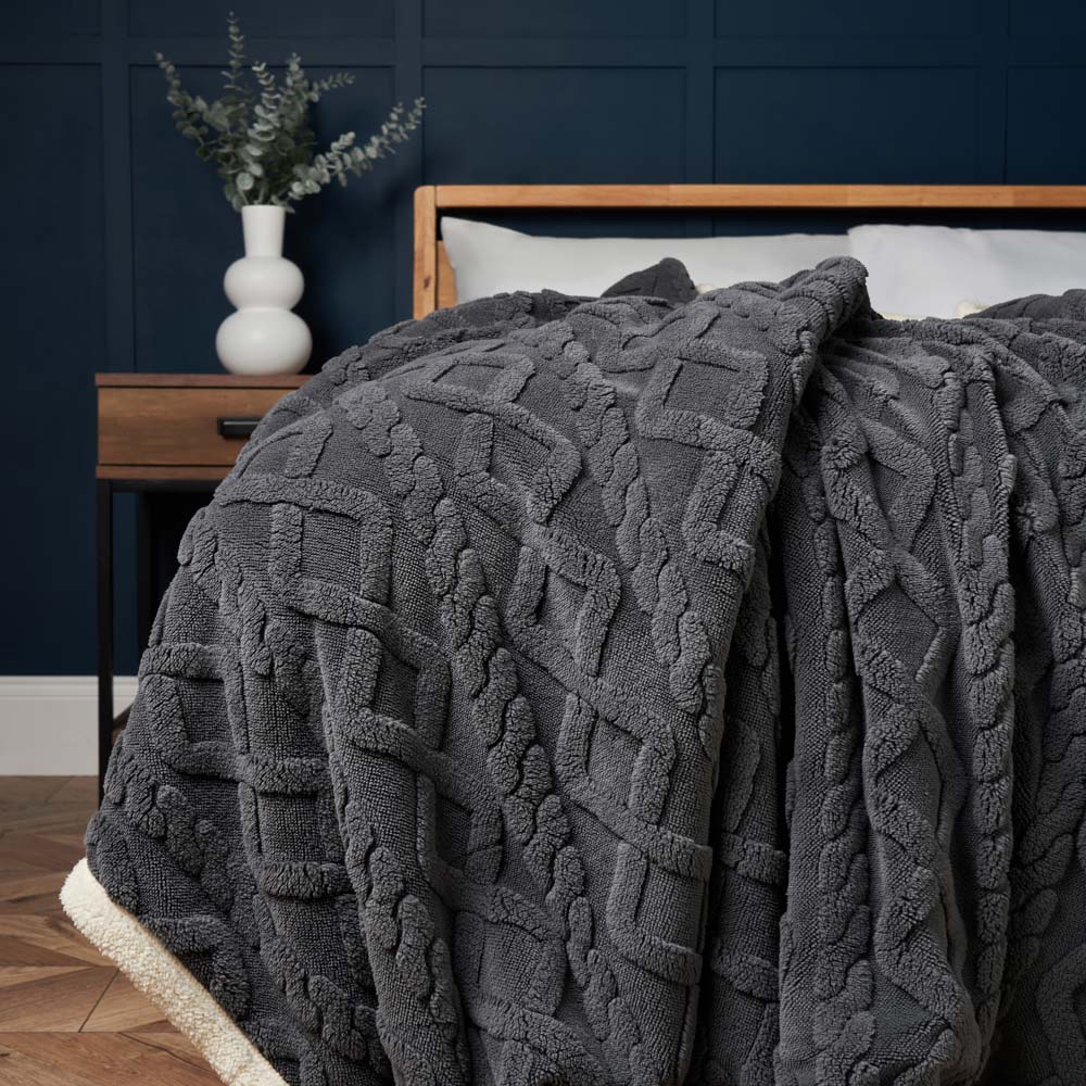 Cable Knit Throw with Sherpa Backing, Charcoal