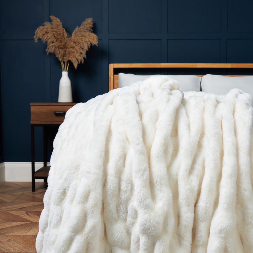 Ruched Faux Fur Throw, White