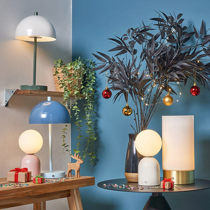 Imogene Rechargeable Table Lamps in Pink and White, Alesia Rechargeable Mushroom Table Lamps in Green and blue, and Elly Rechargeable Table Lamp, Brass