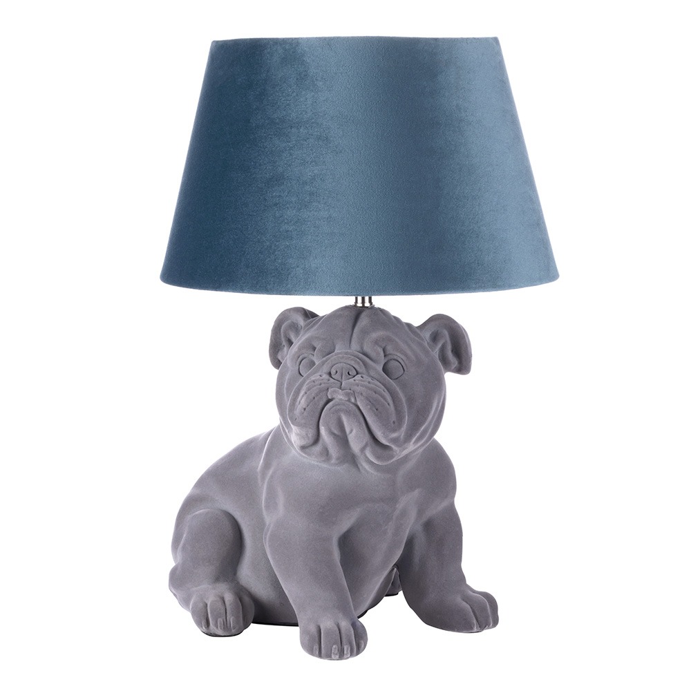 Boris Bulldog Flock Table Lamp with Velvet Shade, Grey