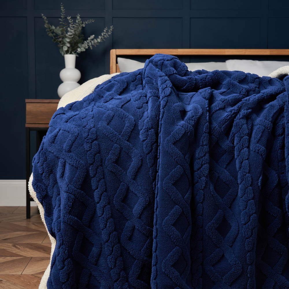 Cable Knit Throw with Sherpa Backing, Navy