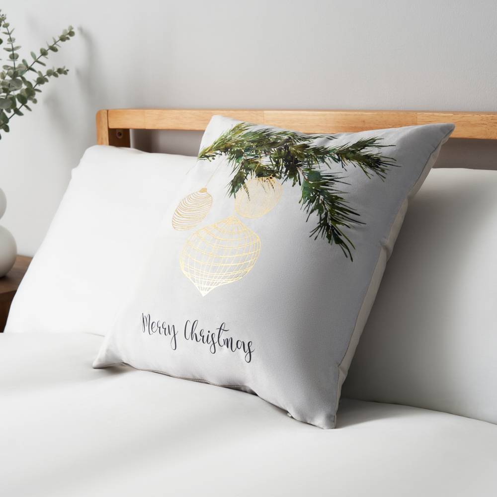 Christmas Bauble Cushion With Foil Design, Gold and Natural