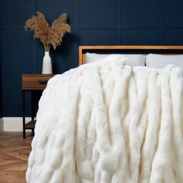Ruched Faux Fur Throw, White BHS