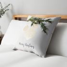 Christmas Bauble Cushion With Foil Design, Gold and Natural on bed