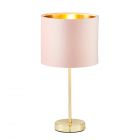 Velvet Table Lamp, Pink and Brass lit on white
