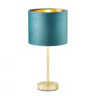 Velvet Table Lamp, Teal and Brass lit on white