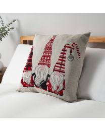 3 Gonks Christmas Cushion, Natural on bed