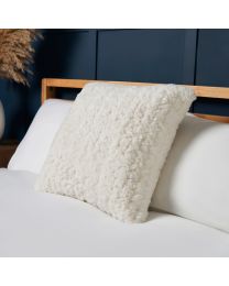 Boucle Faux Fur Cushion, Cream Styled on Bed