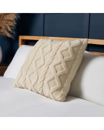 Cable Knit Cushion, Cream Styled on Bed