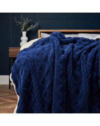 Cable Knit Throw with Sherpa Backing, Navy Styled on Bed