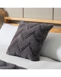 Chevron Faux Fur Cushion, Charcoal on bed
