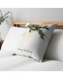 Christmas Bauble Cushion With Foil Design, Gold and Natural on bed