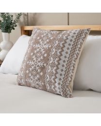 Christmas Fairisle Winter Snow Flake Cushion, Natural on bed