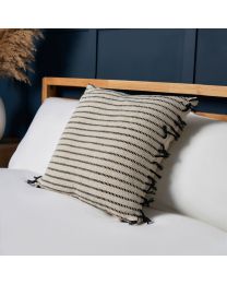 100% Cotton Stripe Cushion with Fringe, Black Styled on Bed