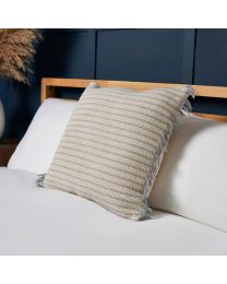100% Cotton Stripe Cushion with Fringe, Grey Styled on Bed
