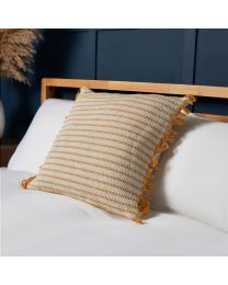 100% Cotton Stripe Cushion with Fringe, Ochre Styled on Bed