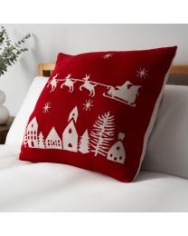 Father Christmas on Sleigh Reversible Cushion, Red and White on bed