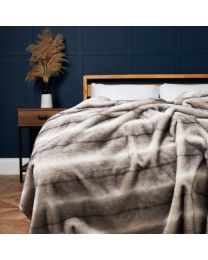 Faux Fur Throw with Stripe, Natural Styled on Bed