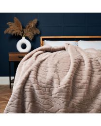 Luxury Embossed Rabbit Faux Fur Throw, Tan Styled on Bed