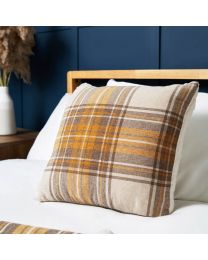 Luxury Warm Check Cushion with Sherpa, Ochre Styled on Bed