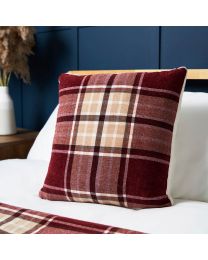Luxury Warm Check Cushion with Sherpa, Red Styled on Bed