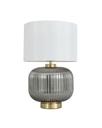 Lyna Table Lamp with Smoked Glass Base and White Shade, Satin Brass