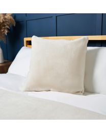 Plain Faux Fur Cushion, Cream Styled on Bed