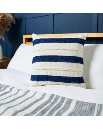 Riviera Stripe Cushion with Fringe, Navy Styled on Bed
