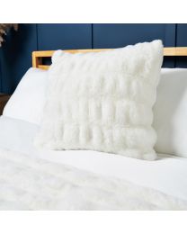 Ruched Faux Fur Cushion, White Styled on Bed