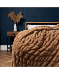 Ruched Faux Fur Throw, Natural Styled on Bed