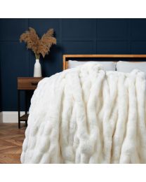 Ruched Faux Fur Throw, White Styled on Bed