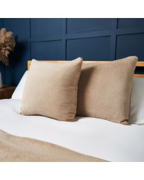 Small Microfleece Cushion, Latte Styled on Bed