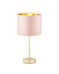 Velvet Table Lamp, Pink and Brass lit on white