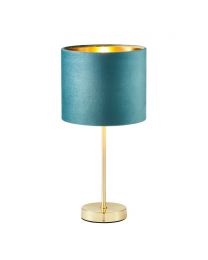 Velvet Table Lamp, Teal and Brass lit on white