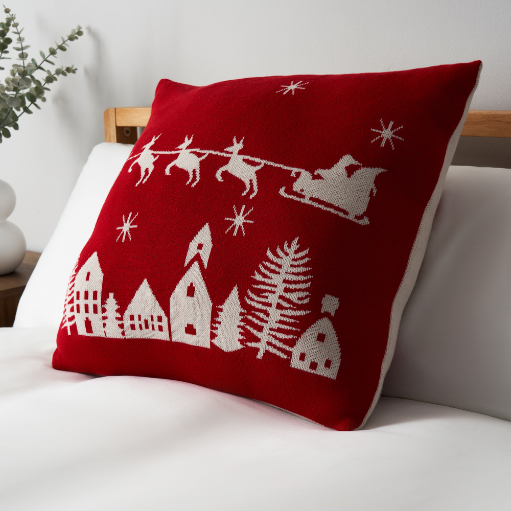 Father Christmas on Sleigh Reversible Cushion, Red and White