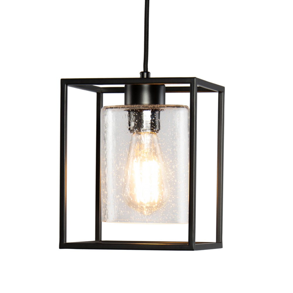 Hardy Cage Ceiling Pendant with Bubble Glass Shade, Matte Black