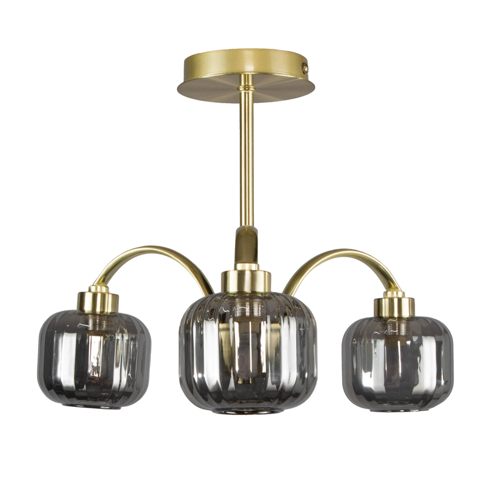 Lyna Small Semi Flush Ceiling Light with Smoked Glass Shades, Satin Brass