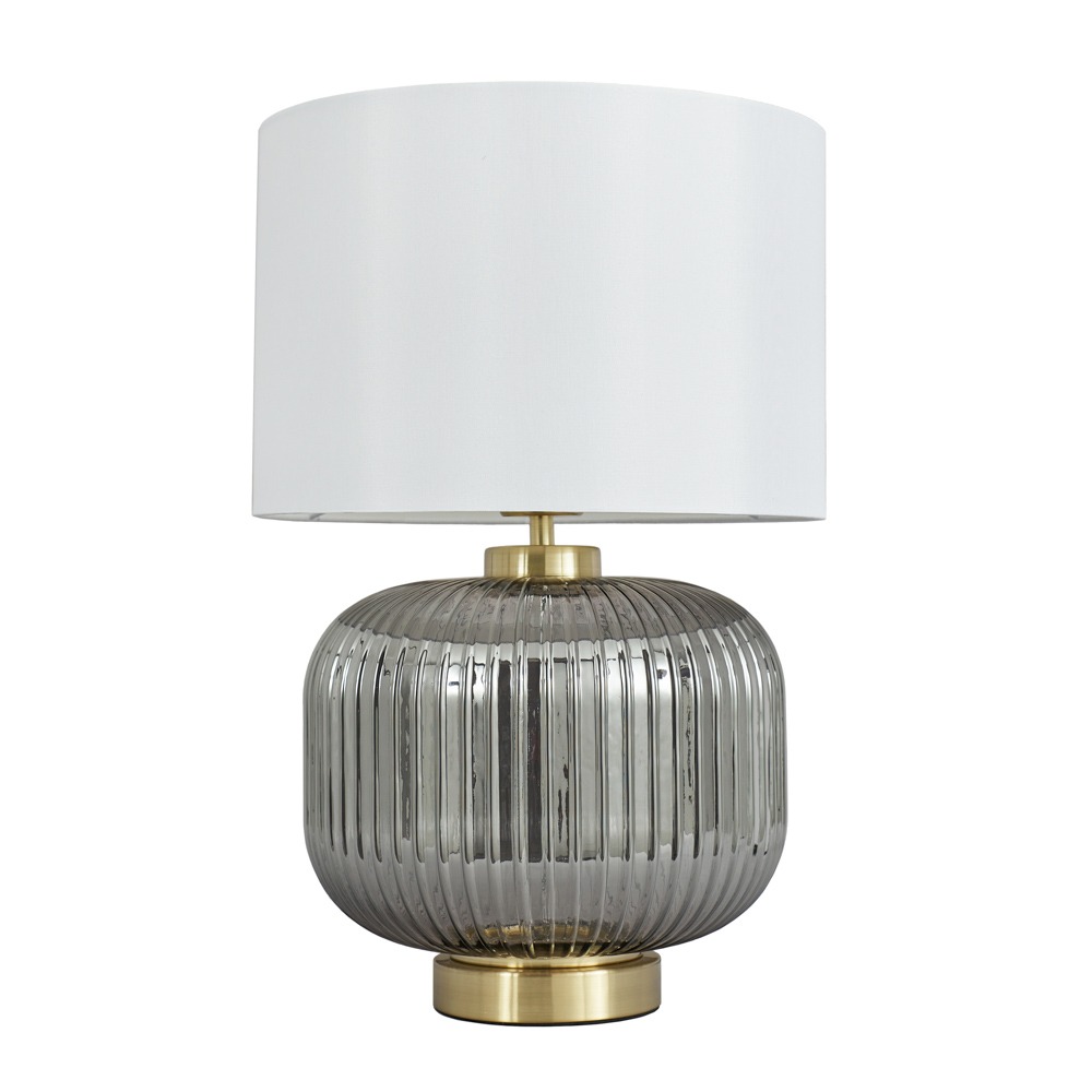 Lyna Table Lamp with Smoked Glass Base and White Shade, Satin Brass