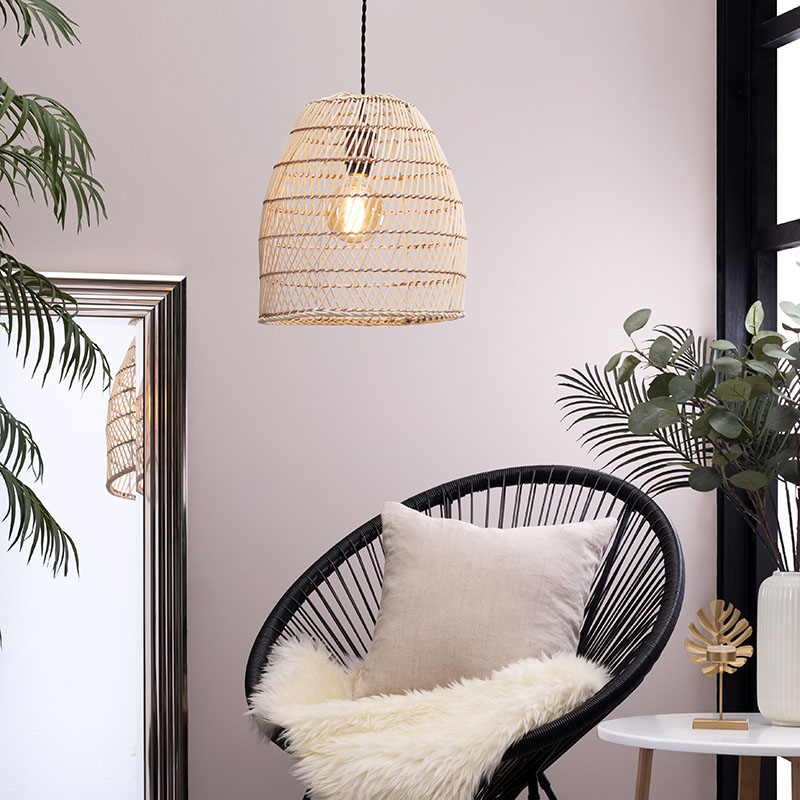 Rattan Tall Dome Easyfit Shade in Bleached Natural finish over black wire chair